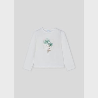 CREAM TSHIRT LONG SLEEVE GREEN FLOWER PRINT / 4066-042
