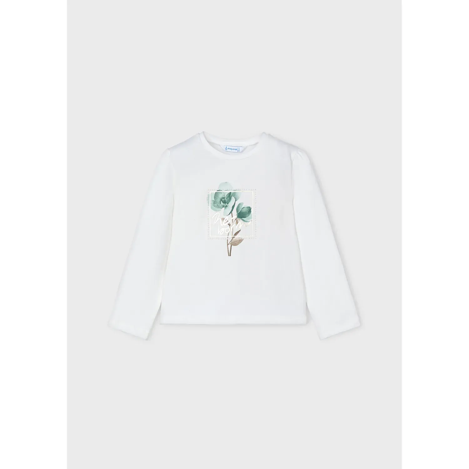 CREAM TSHIRT LONG SLEEVE GREEN FLOWER PRINT / 4066-042