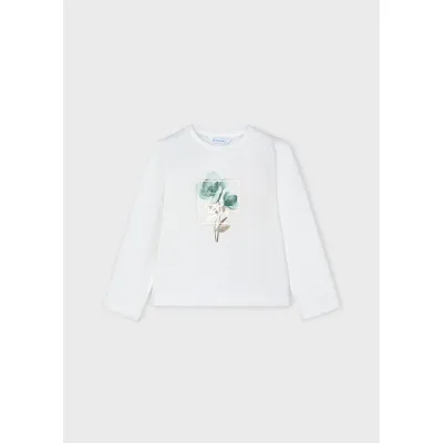 CREAM TSHIRT LONG SLEEVE GREEN FLOWER PRINT / 4066-042