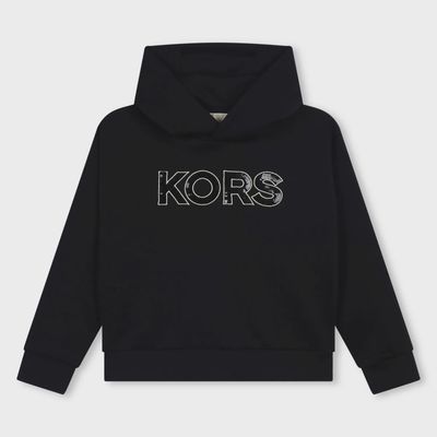 BLACK HOODED SWEATER SEQUINS & GOLD LOGO LONG SLEEVE / R30150-09B