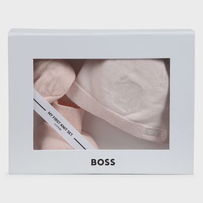 PINK 2PC HAT & BOOTIES KNIT BOSS LOGO / J51633-44L