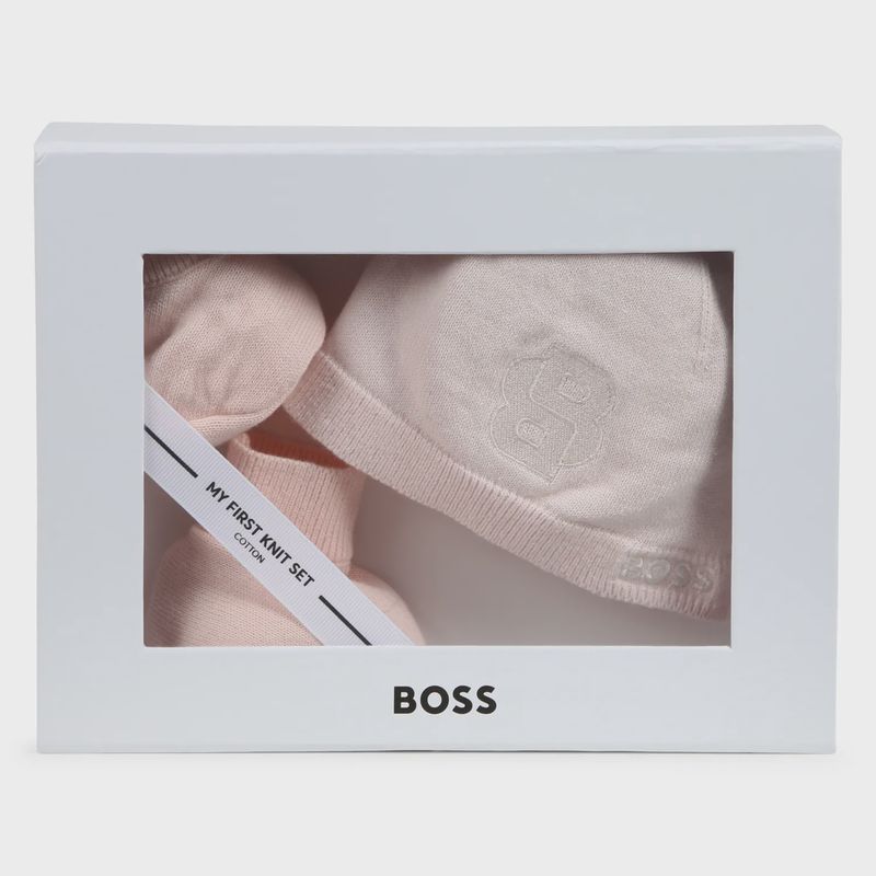 PINK 2PC HAT & BOOTIES KNIT BOSS LOGO / J51633-44L
