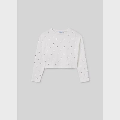 CREAM TSHIRT LONG SLEEVE STUD APPLIQUES / 7094-036