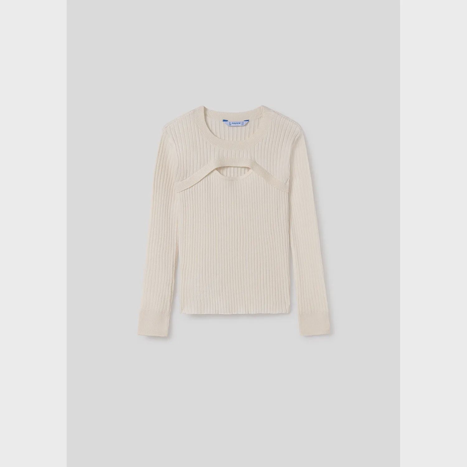 CREAM KNIT SWEATER LONG SLEEVE RIBBED FRONT CUTOUT / 7308-24