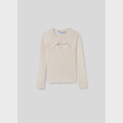 CREAM KNIT SWEATER LONG SLEEVE RIBBED FRONT CUTOUT / 7308-24