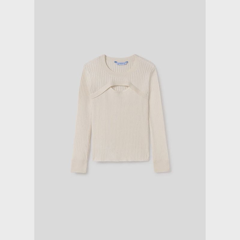 CREAM KNIT SWEATER LONG SLEEVE RIBBED FRONT CUTOUT / 7308-24