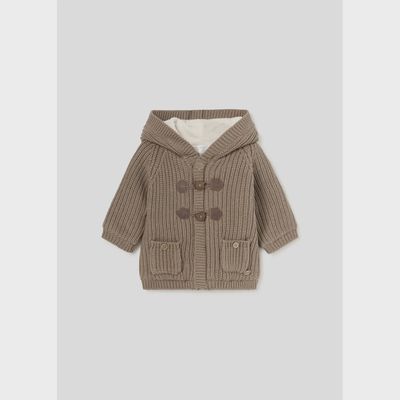 BROWN KNIT CARDIGAN HOODED ZIP & TOGGLE CLOSURE / 2303-0363