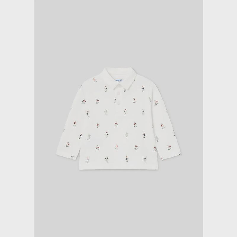 CREAM PRINTED POLO TOP LONG SLEEVE BEAR PRINT / 2182-038