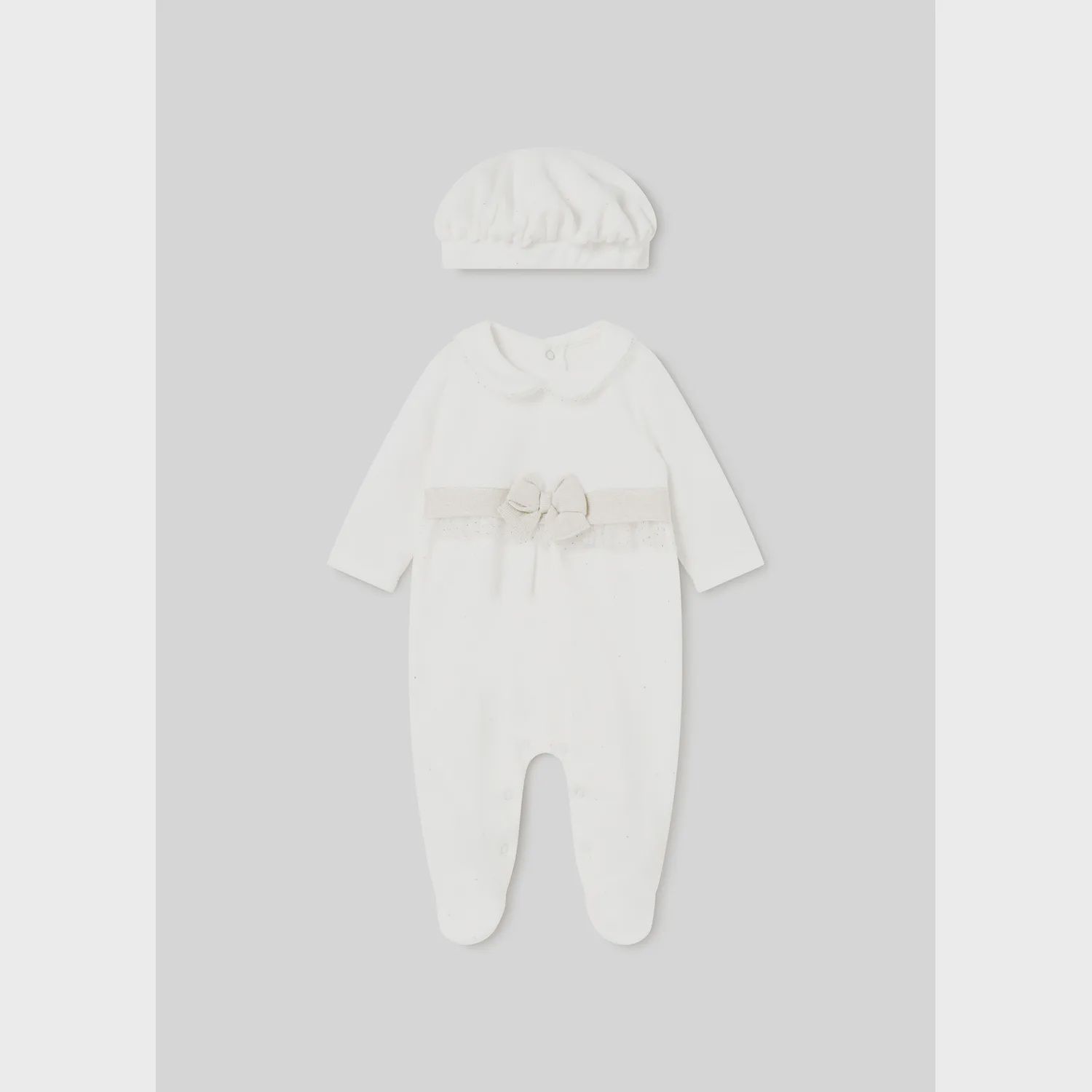 2PC CREAM VELOUR SLEEPER & HAT GOLD BOW TRIM / 2782-010