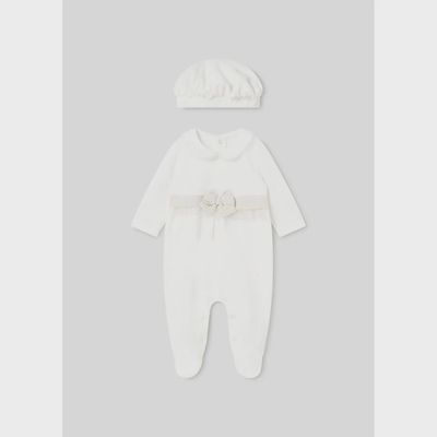 2PC CREAM VELOUR SLEEPER & HAT GOLD BOW TRIM / 2782-010