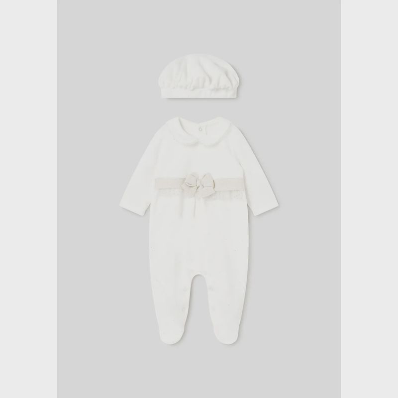2PC CREAM VELOUR SLEEPER & HAT GOLD BOW TRIM / 2782-010