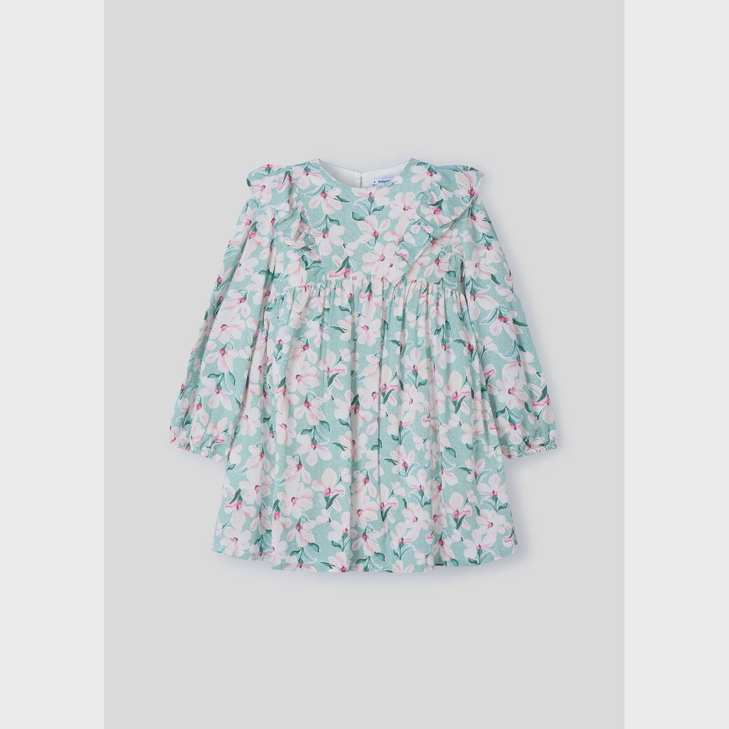 GREEN PRINTED DRESS LONG SLEEVE FLOUNCE TRIM / 4917-036