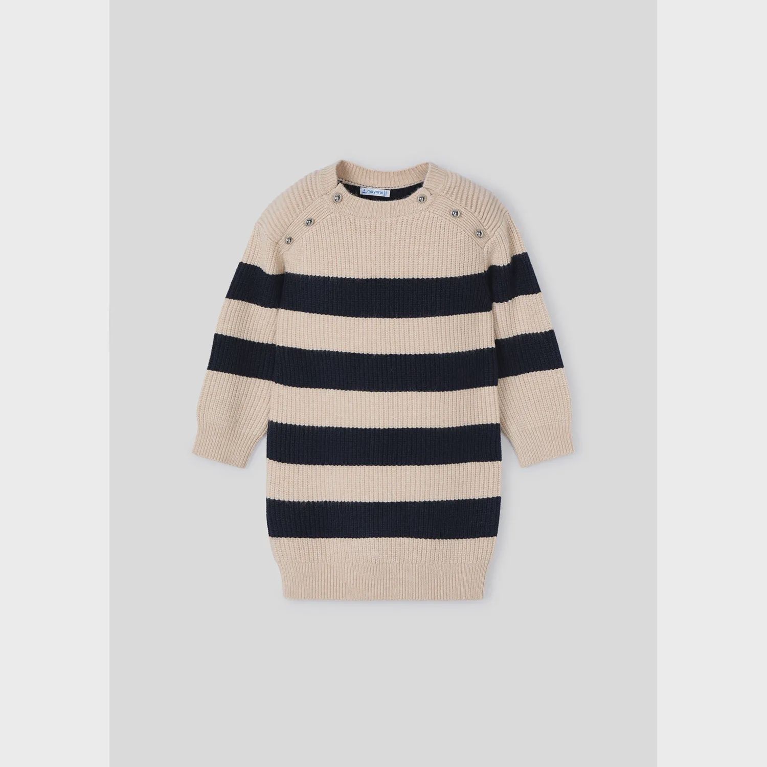 NAVY & TAN STRIPED KNIT DRESS SILVER BUTTONS RIBBED / 4924-018
