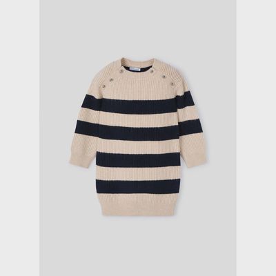 NAVY & TAN STRIPED KNIT DRESS SILVER BUTTONS RIBBED / 4924-018