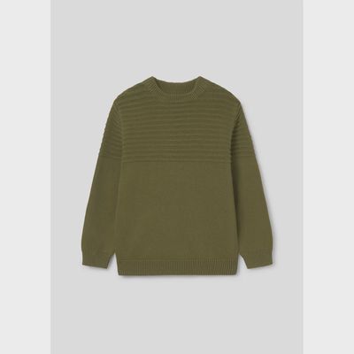 KHAKI GREEN KNIT SWEATER JACQUARD RIBBED TOP / 7392-011