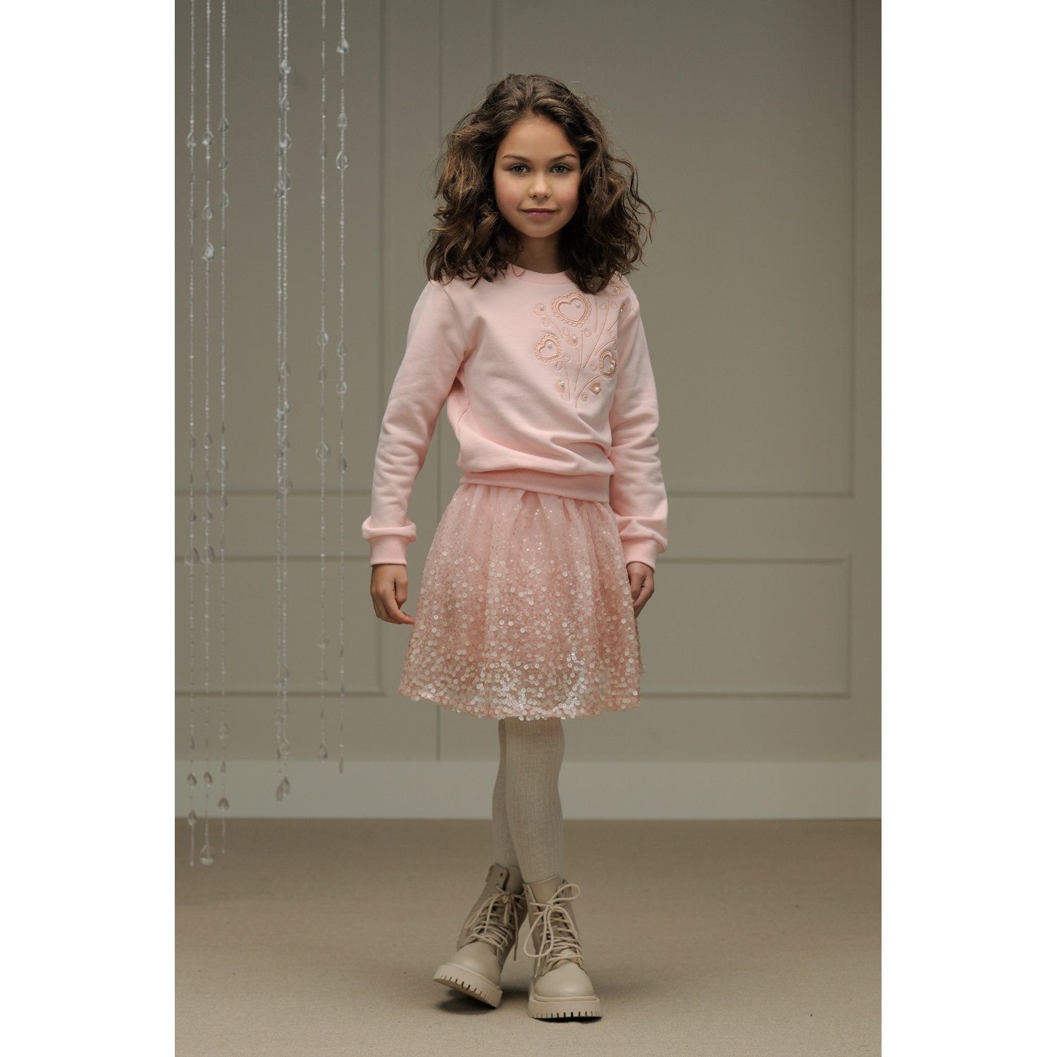 ROSE SWEATER EMBROIDERED HEARTS & PEARL TRIM LONG SLEEVE / C408-5300-201