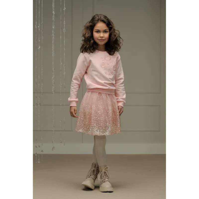 ROSE SWEATER EMBROIDERED HEARTS & PEARL TRIM LONG SLEEVE / C408-5300-201