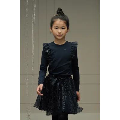 NAVY TSHIRT GLITTER RUFFLE TRIM LONG SLEEVE / C408-5402-190 NAVY TSHIRT GLITTER RUFFLE TRIM LONG SLEEVE / C408-5402-190