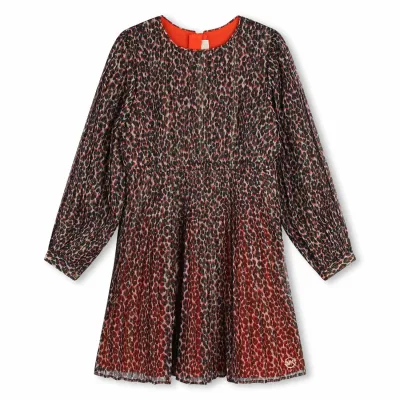 RED PLEATED DRESS ALLOVER PRINT BLK & GOLD / R30172-40A