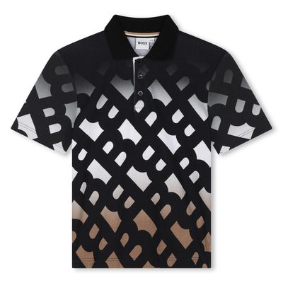 BLACK PRINTED POLO TOP SHORT SLEEVE WHT & BRWN / 51174-09