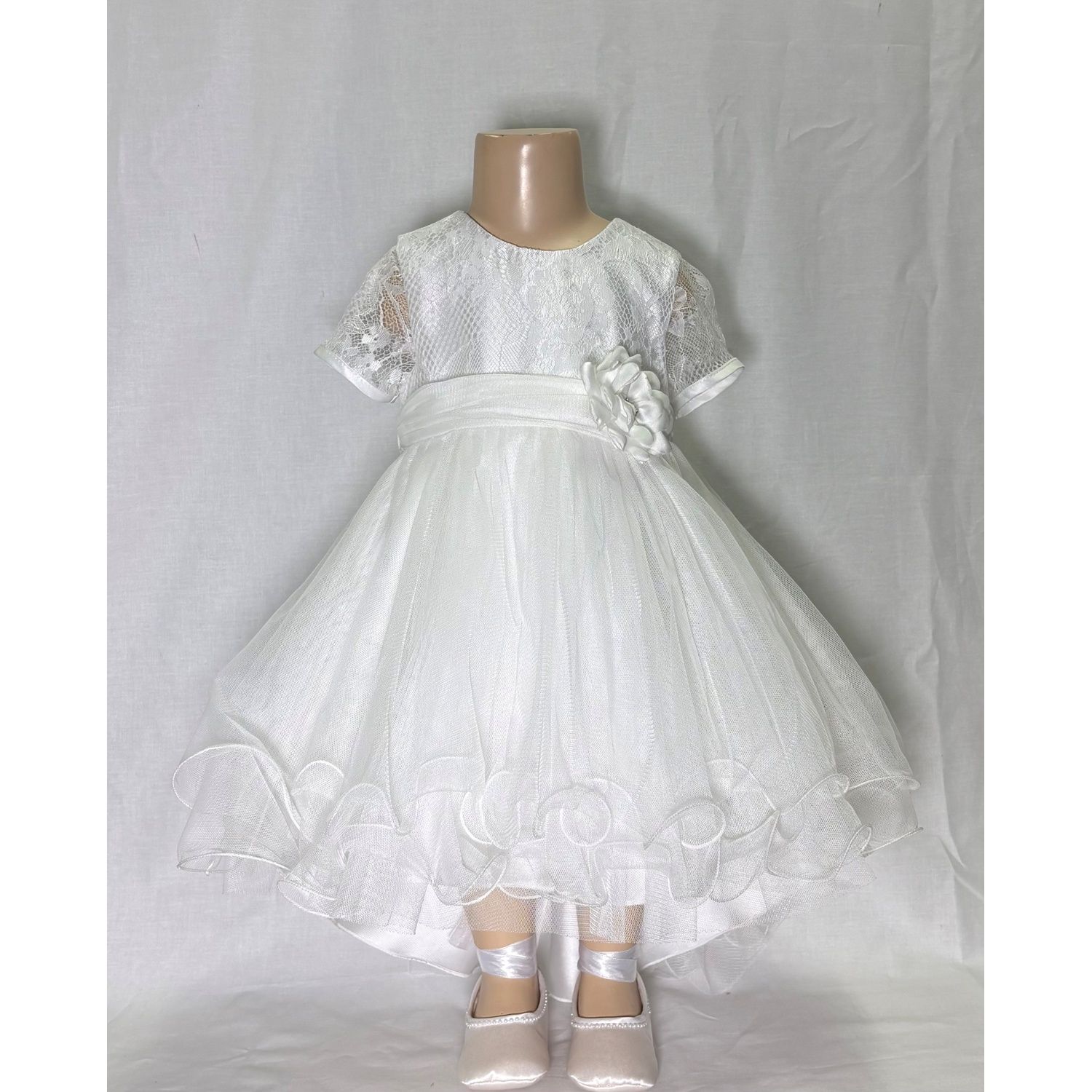 CREAM DRESS HIGH LOW LACE BODICE TULLE SKIRT FLOWER BELT / 5509-001