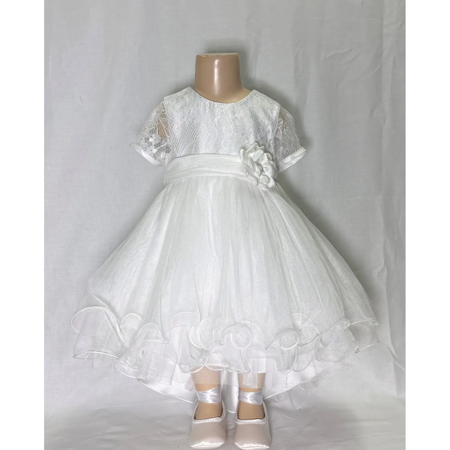 CREAM DRESS HIGH LOW LACE BODICE TULLE SKIRT FLOWER BELT / 5509-001