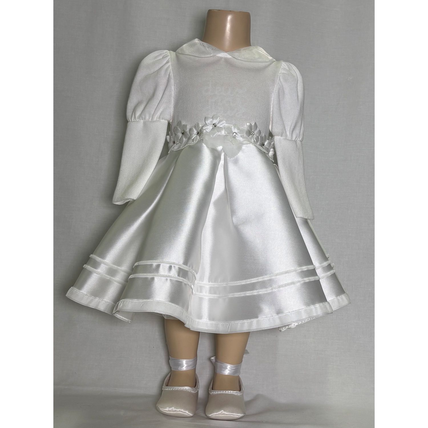 CREAM DRESS KNIT BODICE & SLEEVE SATIN SKIRT FLOWER BELT / M3143