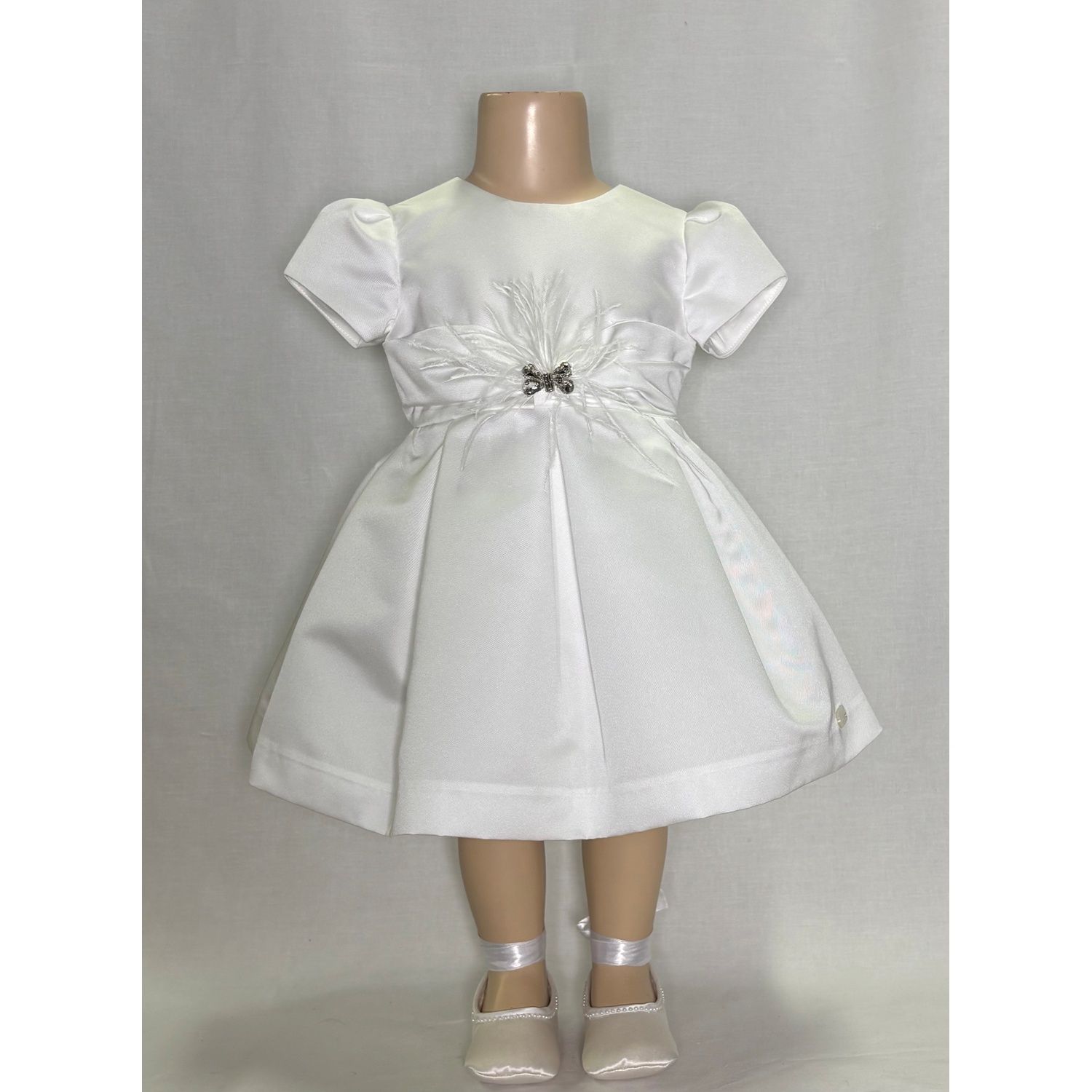 CREAM TAFFETTA DRESS RHINE & FEATHER PIN SHORT SLEEVE / M3144