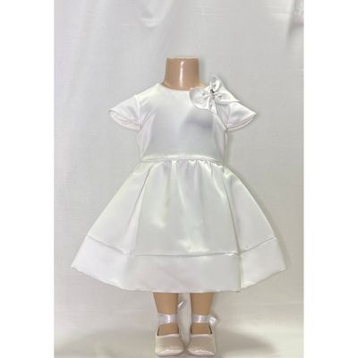 CREAM SATIN DRESS BOW TRIM WITH RHINESTONE & PEARL TRIM CAP SLEEVE / N3148/ZV