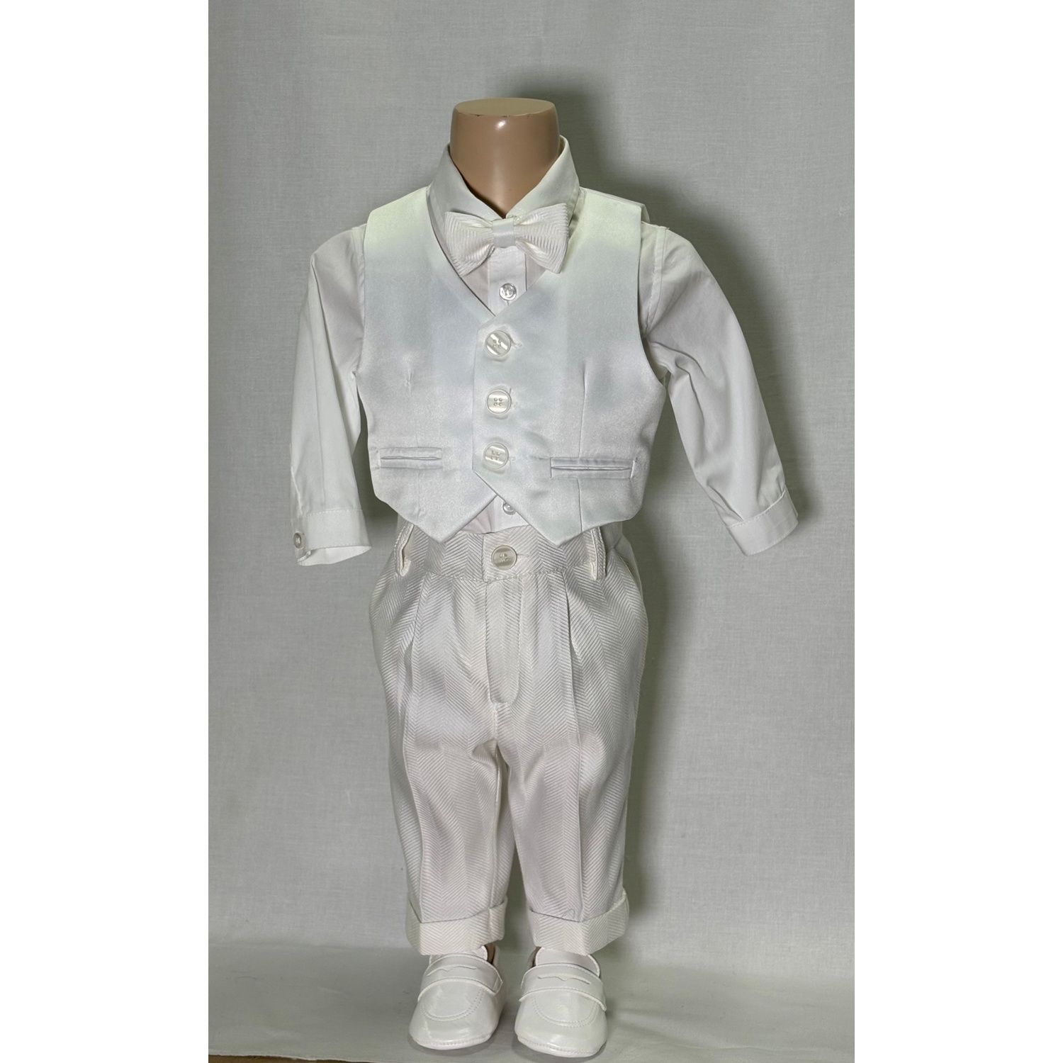 4PC CREAM SHIRT ONZIE&PLAIN VEST & BOWTIE PANT HERRINGBONE PRINT / A3101/G/SG/BY