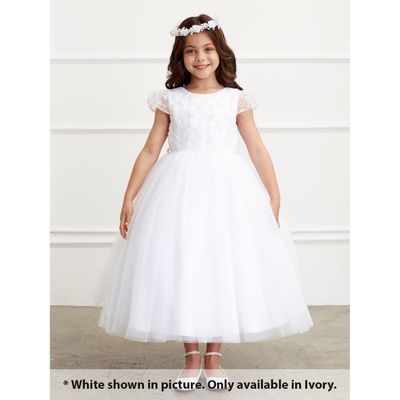 DRESS IVORY LACE CAP SLEEVE & BODICE PEARL TRIM TULLE SKIRT / 5831