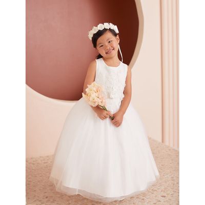 DRESS IVORY LACE BODICE 3D FLOWER APPLIQUE TULLE SKIRT PEARL TRIM / 5857