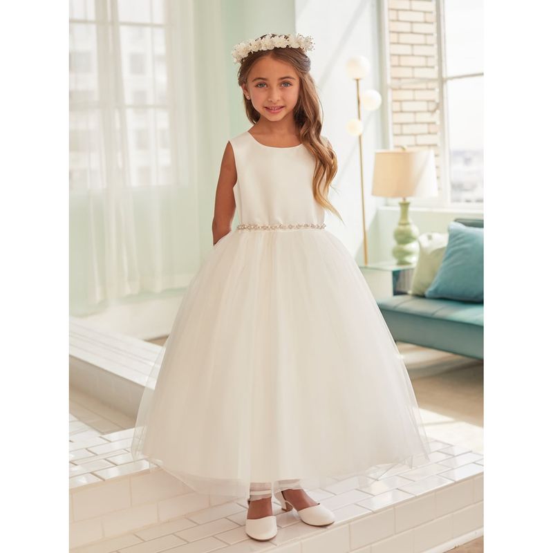 DRESS IVORY SATIN & MESH BACK PEARL TRIM RHINESTONE BELT / 5863 DRESS IVORY SATIN & MESH BACK PEARL TRIM RHINESTONE BELT / 5863