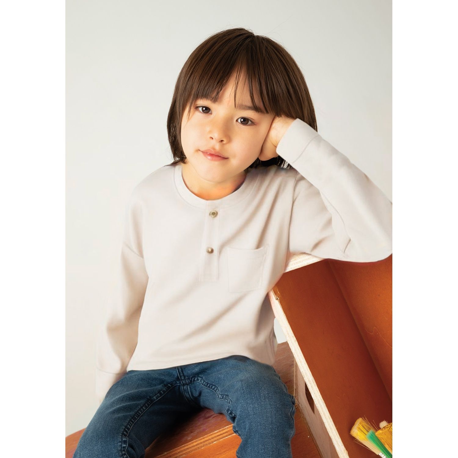 CREAM HENLEY TSHIRT LONG SLEEVE W/POCKET / 4047-065