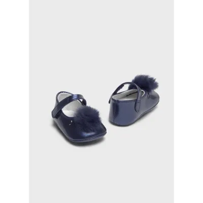 NAVY MARY JANE SHOE DRESSY FUR POM POM TRIM / 9792-083
