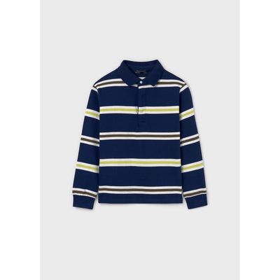 NAVY KNIT POLO TOP STRIPED TRIM LONG SLEEVE / 7102-075