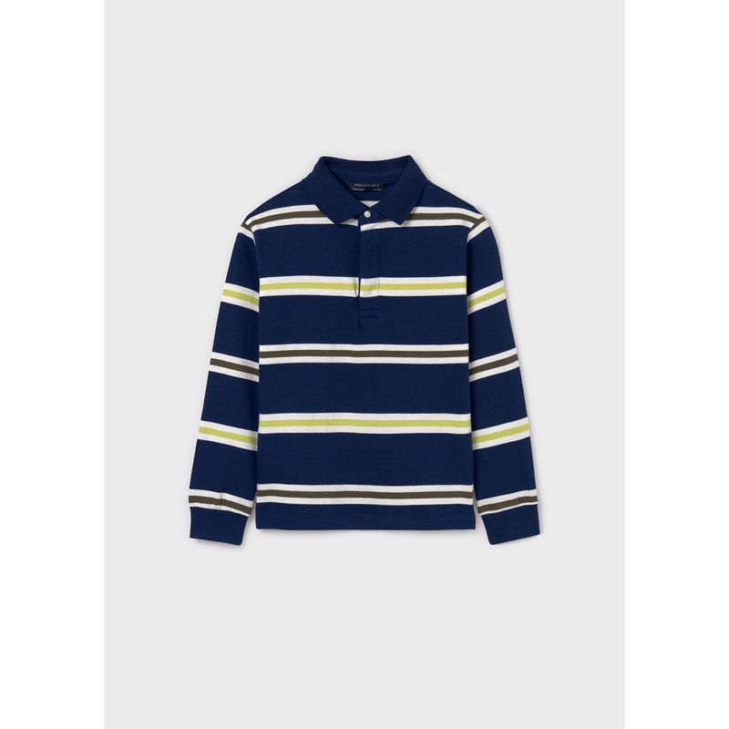 NAVY KNIT POLO TOP STRIPED TRIM LONG SLEEVE / 7102-075