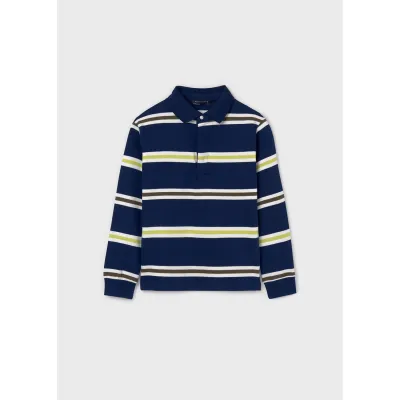 NAVY KNIT POLO TOP STRIPED TRIM LONG SLEEVE / 7102-075
