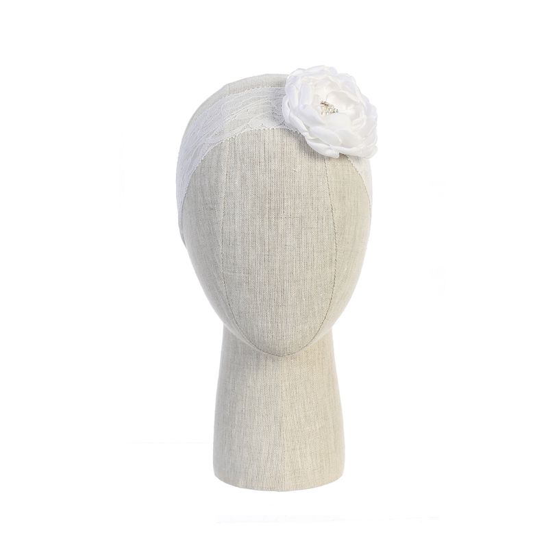 WHITE LACE HEADBAND STRETCH SATIN FLOWER / 127