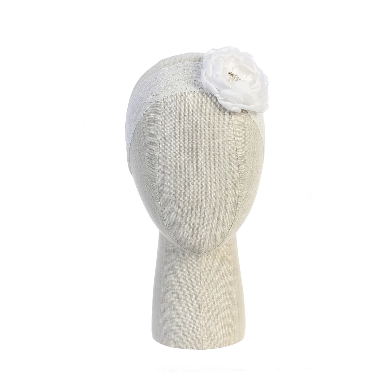 WHITE LACE HEADBAND STRETCH SATIN FLOWER / 127