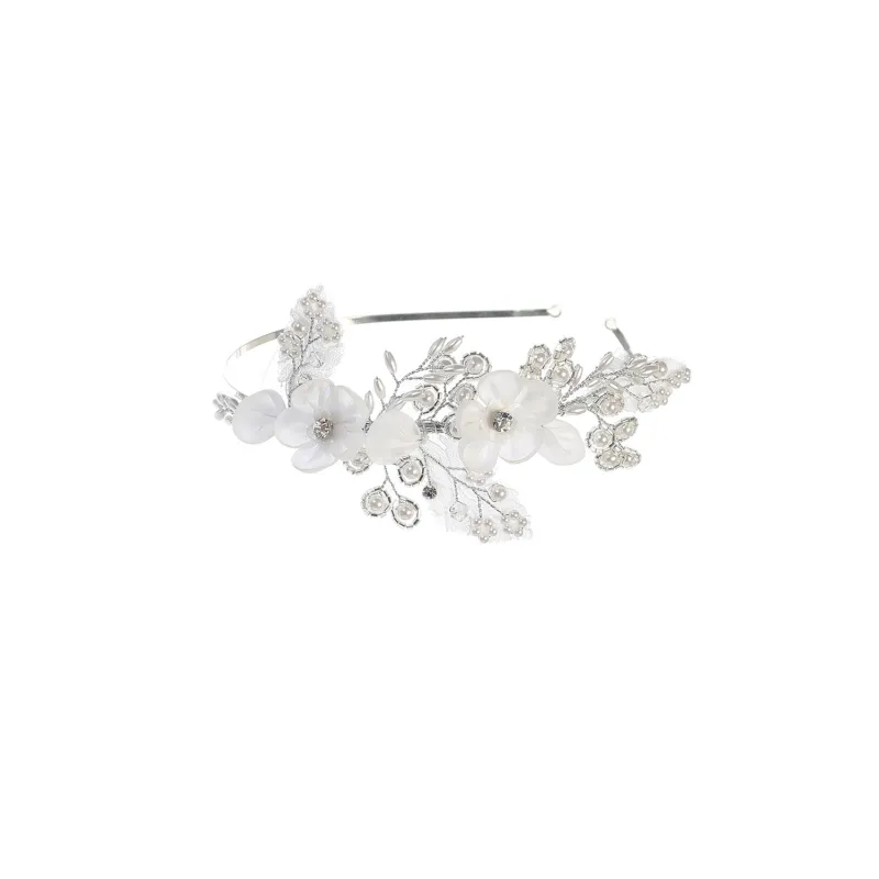 WHITE HAIRBAND HARD ORGANZA FLOWERS PEARL TRIM / 195