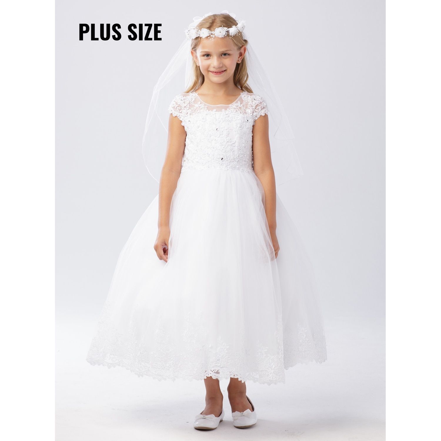 WHITE GOWN LACE BODICE HEM WITH RHINESTONE TRIM TULLE SKIRT / 5730X