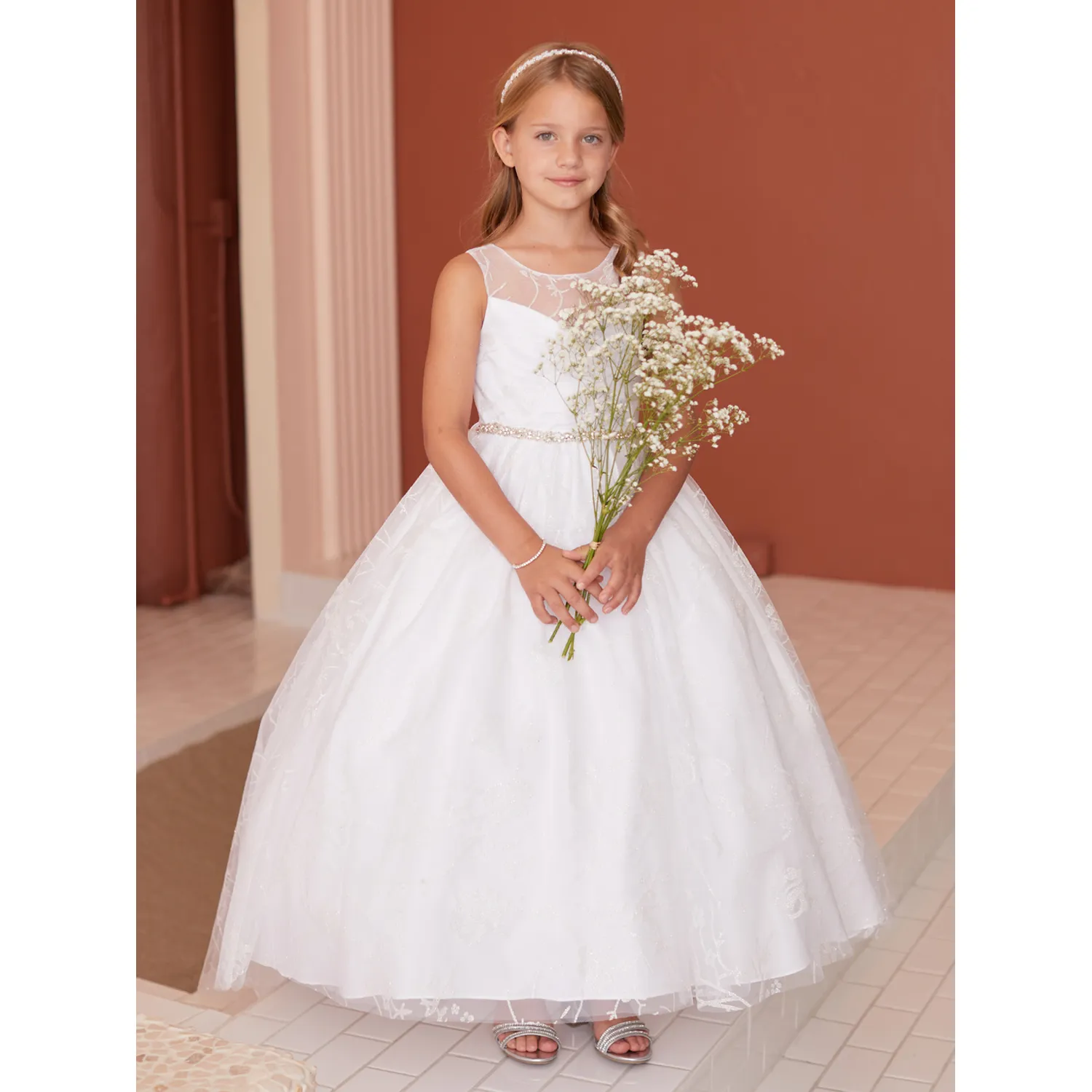 IVORY GOWN HIGH LOW SPARKLY FLOWER PRINT RHINESTONE WAISTBAND / 5866