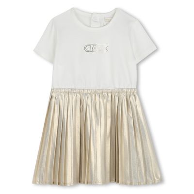 OFFWHITE & GOLD DRESS PLEATED SKIRT SHORT SLEEVE / R30308-N81