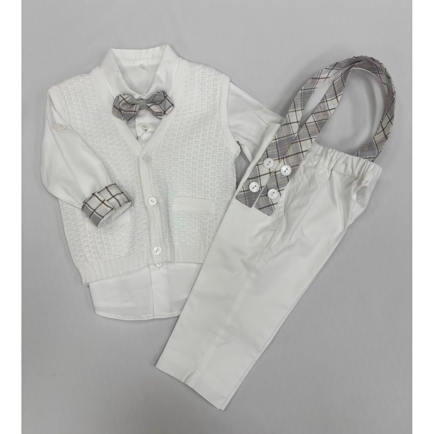 4PC WHITE & GREY PLAID SUSPENDER KNIT BUBBLE VEST / GA234PCB