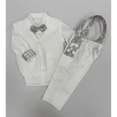 4PC WHITE & GREY PLAID SUSPENDER KNIT BUBBLE VEST / GA234PCB