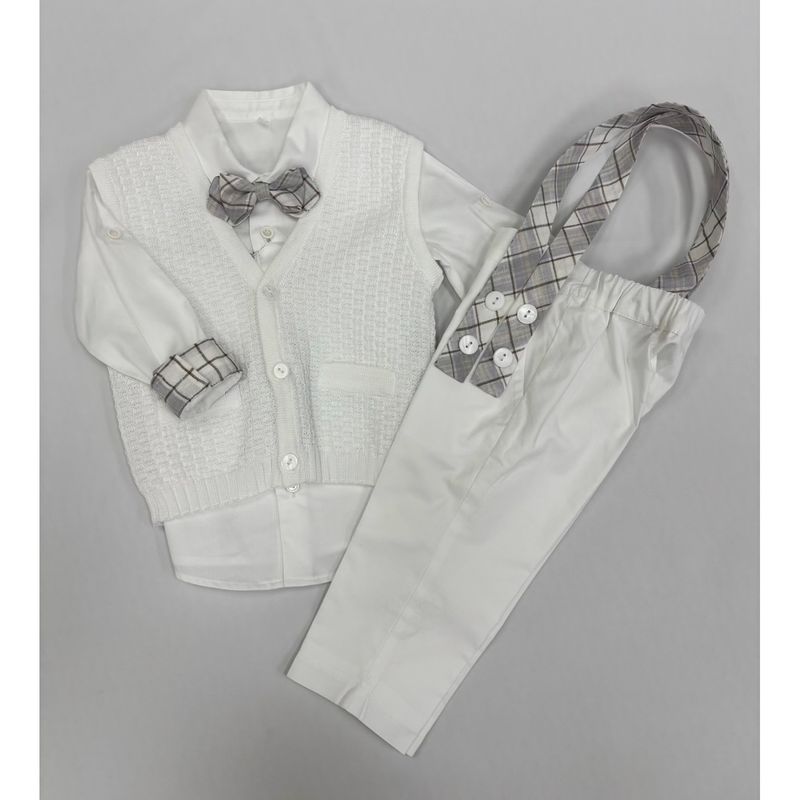 4PC WHITE & GREY PLAID SUSPENDER KNIT BUBBLE VEST / GA234PCB