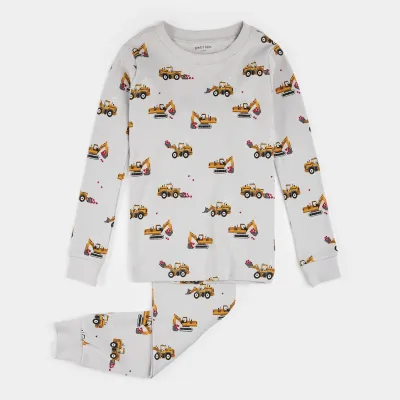 LIGHT GREY 2PC PYJAMA YELLOW TRUCK PRINT L/S / 25SRS10Q03K