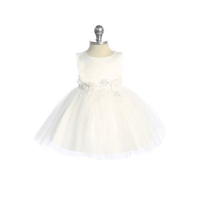 IVORY DRESS SATIN BODICE TULLE SKIRT FLOWER APPLIQUE / 5873S