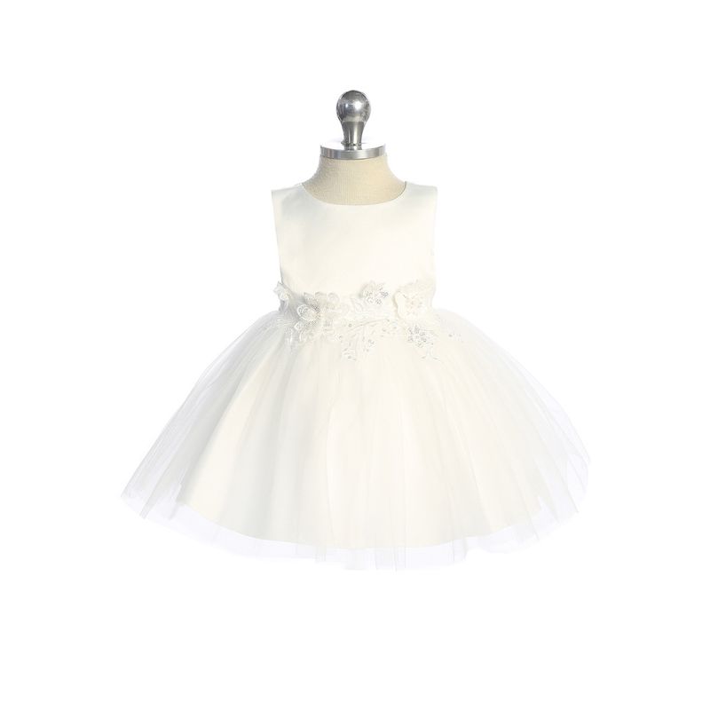 IVORY DRESS SATIN BODICE TULLE SKIRT FLOWER APPLIQUE / 5873S